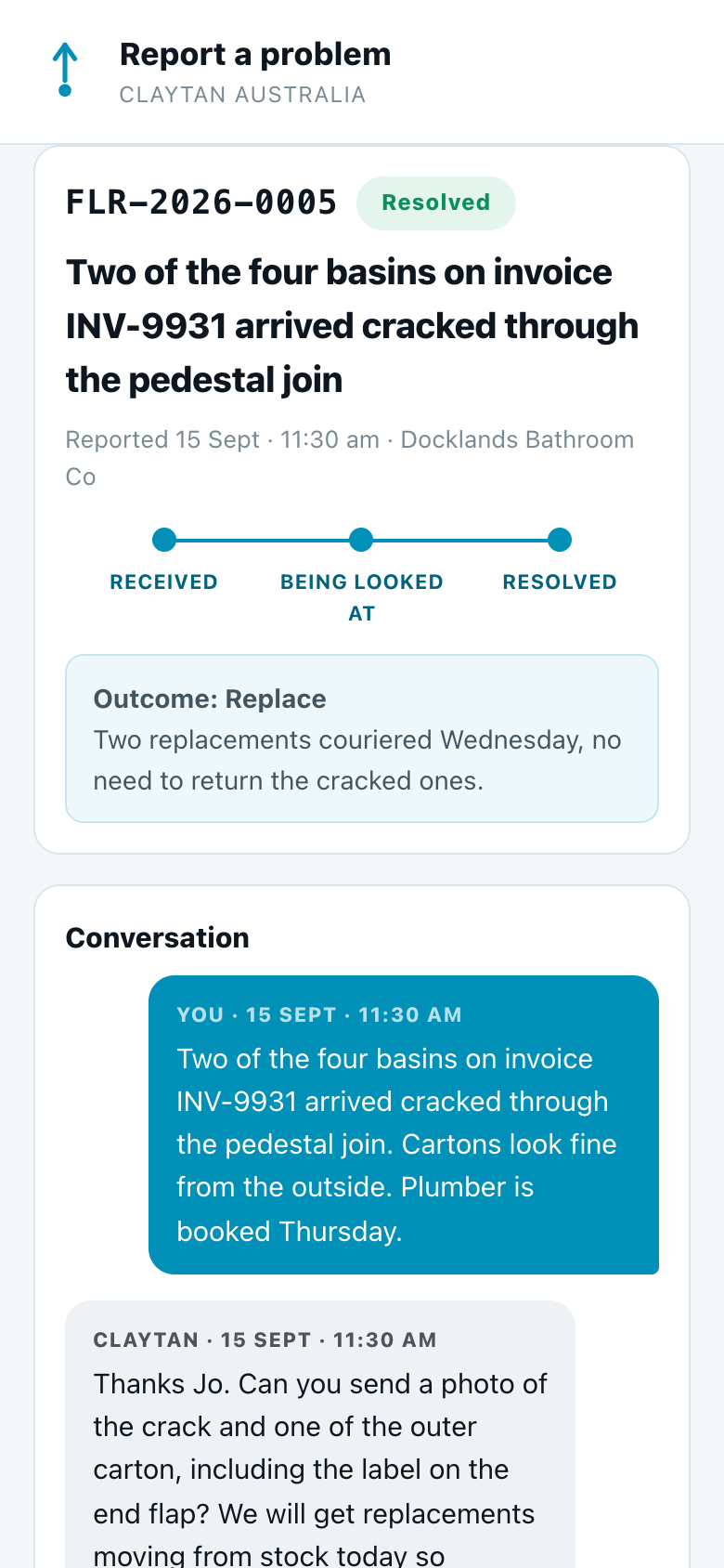 The case marked Resolved with the outcome shown: Replace, two replacements couriered Wednesday