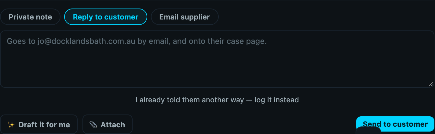 Composer in Reply to customer mode: placeholder reads Goes to jo@docklandsbath.com.au by email, and onto their case page. Button reads Send to customer