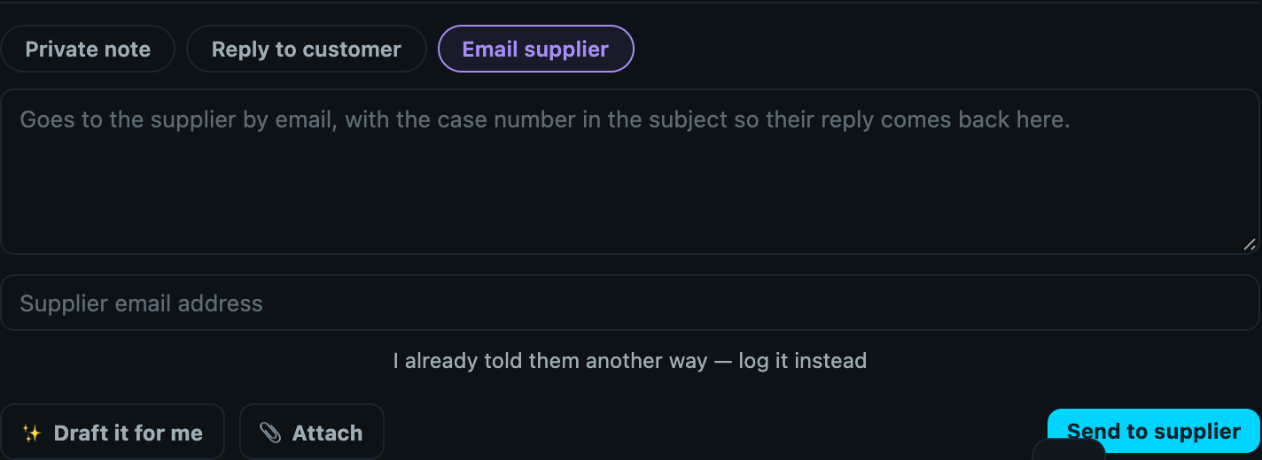 Composer in Email supplier mode with a supplier email address field and a Send to supplier button