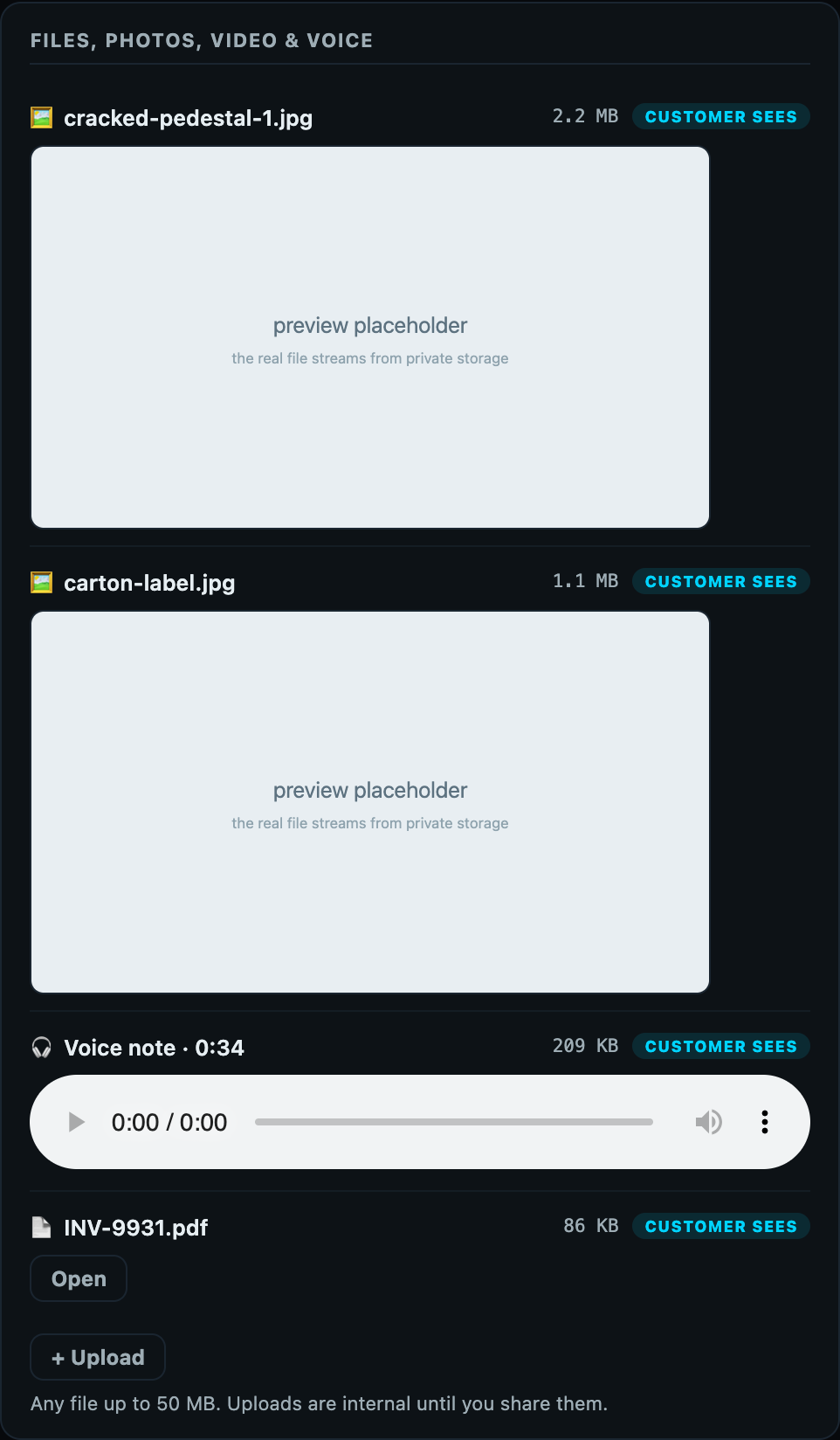 Files panel listing two photos, a voice note and a PDF, each with a customer sees badge, and an Upload button noting uploads are internal until you share them