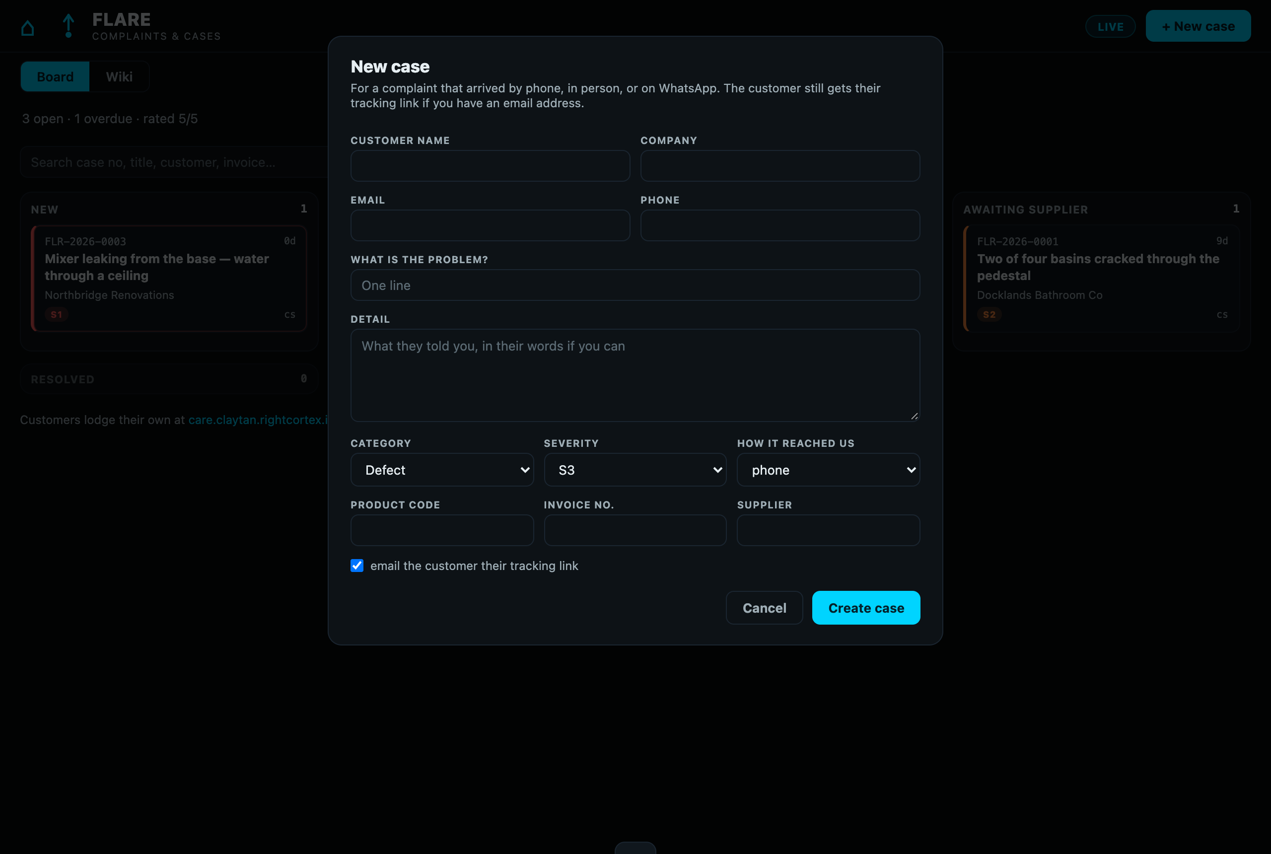 The New case dialog: customer name, company, email, phone, what is the problem, detail, category, severity, how it reached us, product code, invoice, supplier, and a ticked box to email the customer their tracking link