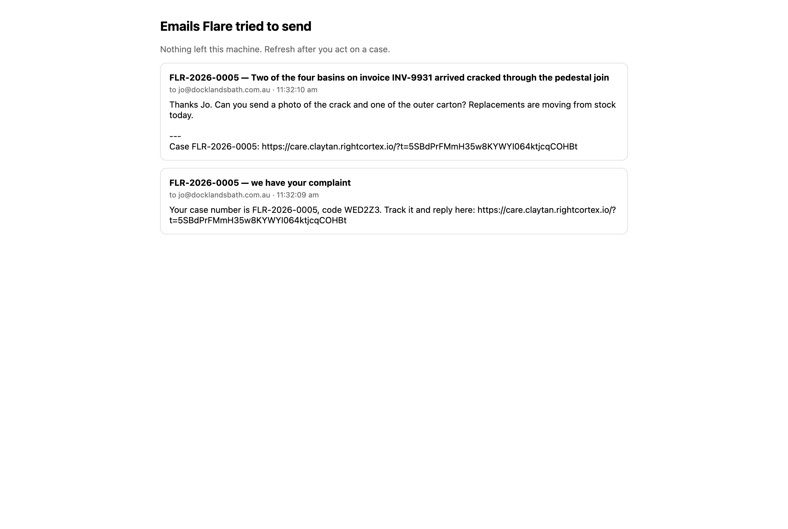 Two emails the customer receives: the acknowledgement with case number, code and link, and a reply from Claytan carrying the same link